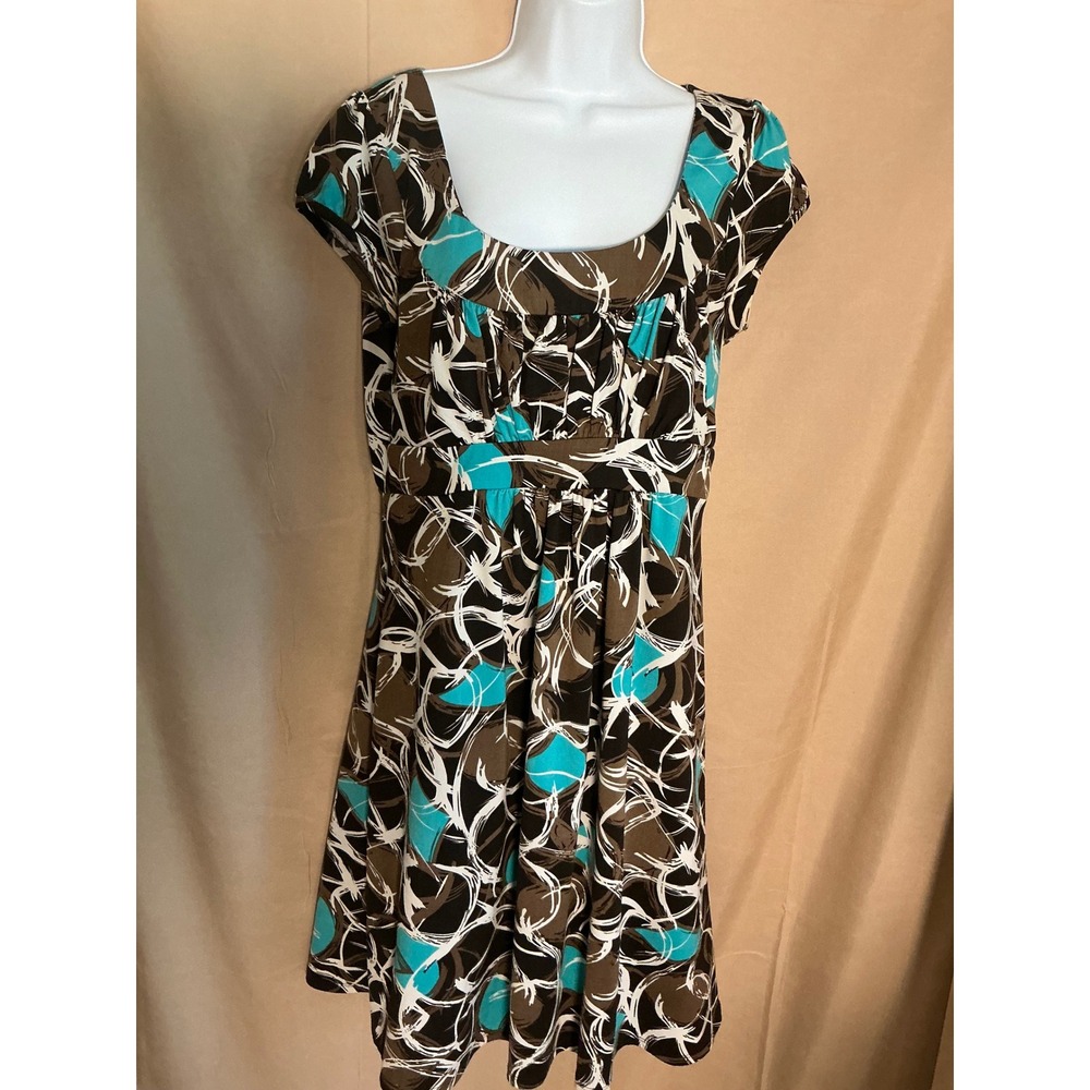 California Dress Women XL Brown Turquoise Empire Waist Cap Sleeve Excellent